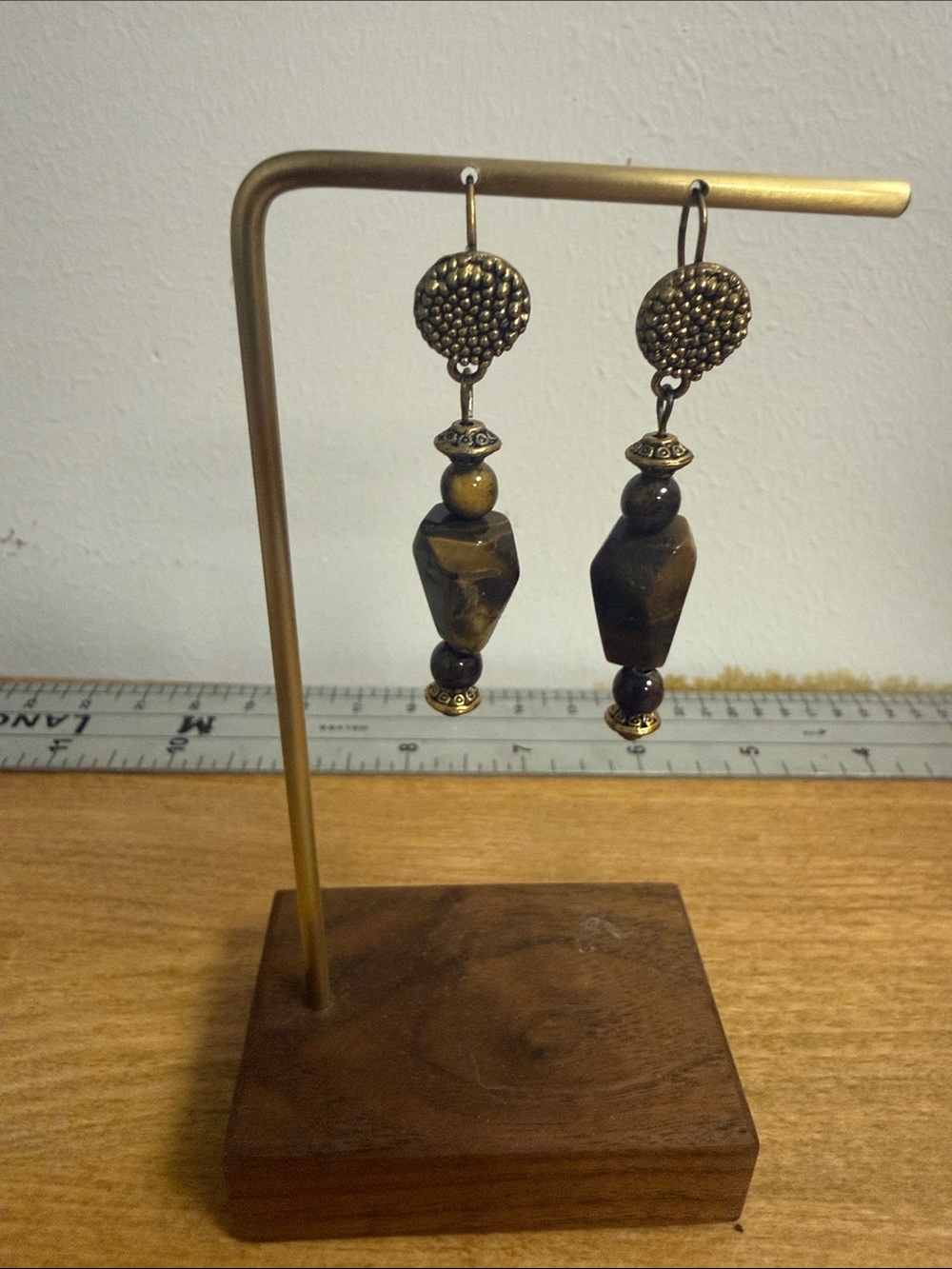 Bronze tone dangle drop tiger’s eye stone earrings